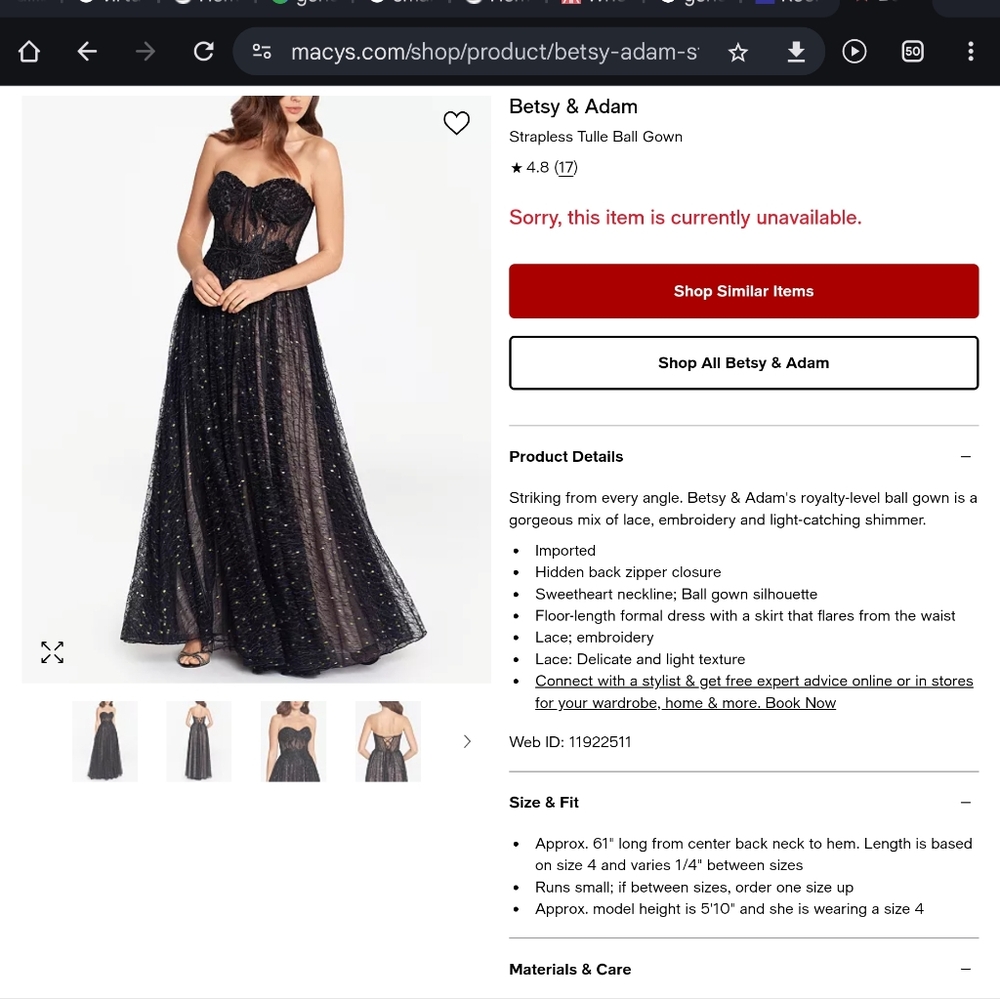 Betsy & Adam Long Strapless Lace Gown size 6